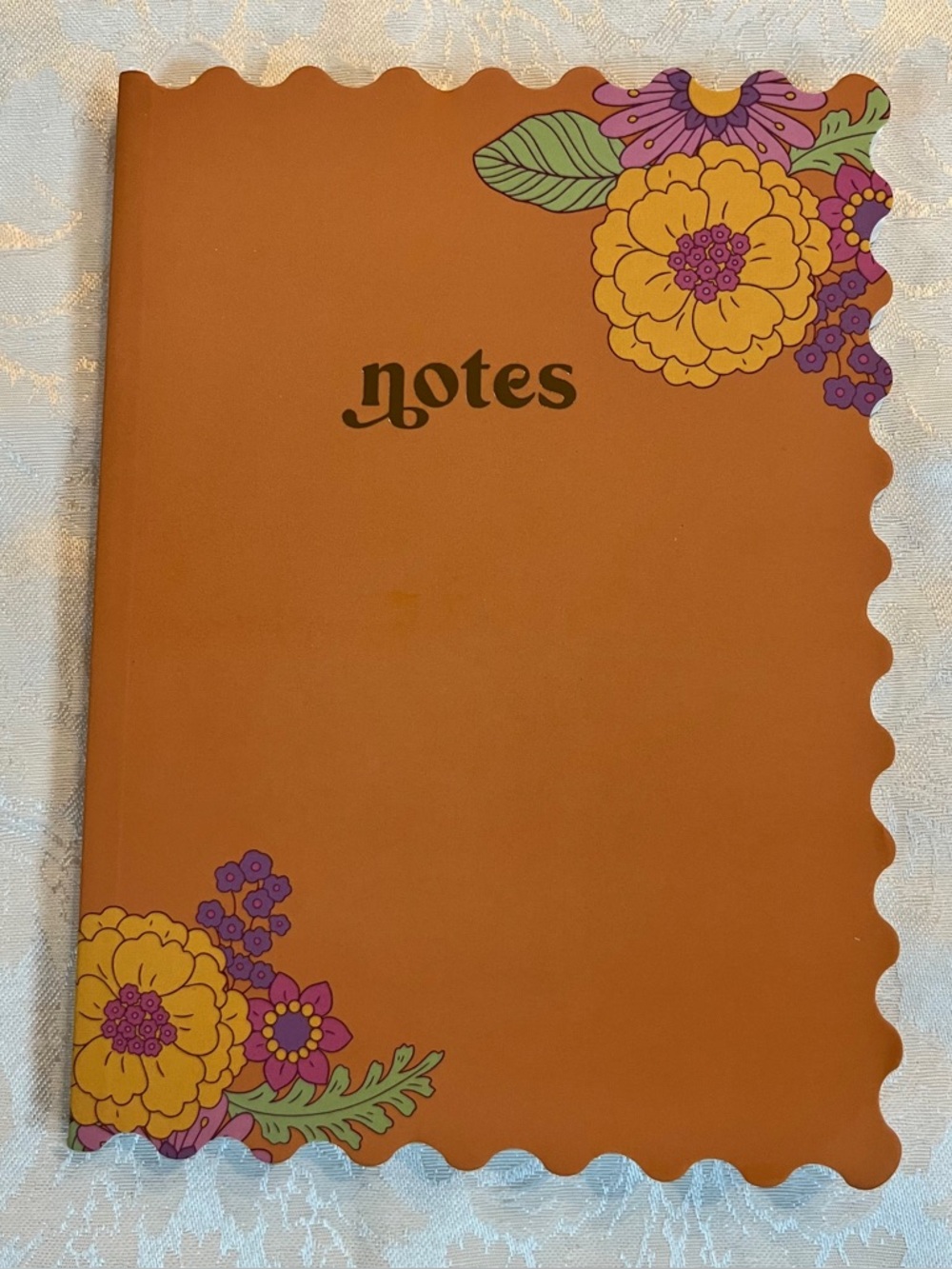 Journal Floral "Notes" Notebook in Softcover Orange with Scalloped Edges NWT